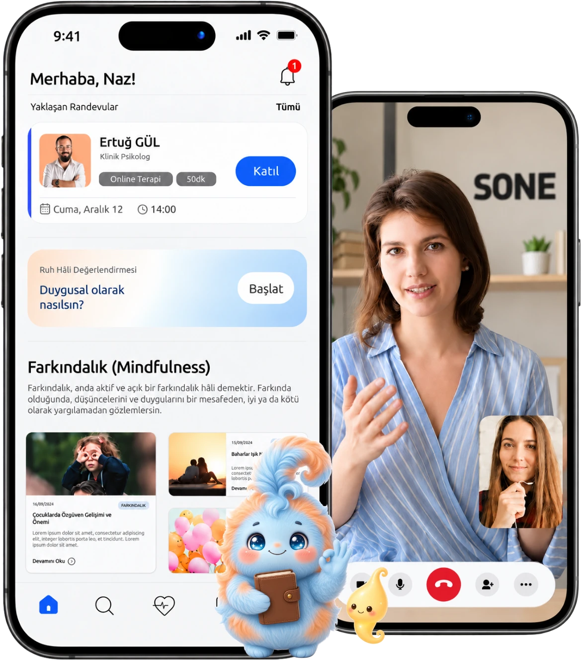 Sone uygulamasında randevu ve online terapi ekranları